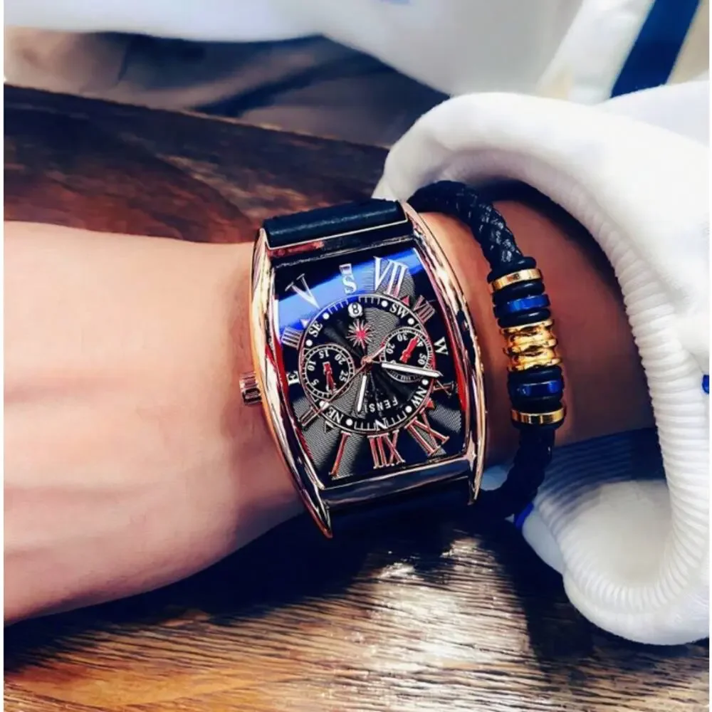 FENSIR Elegant Waterproof Quartz Watch Barrel Rose Gold Navy Blue Black NEW